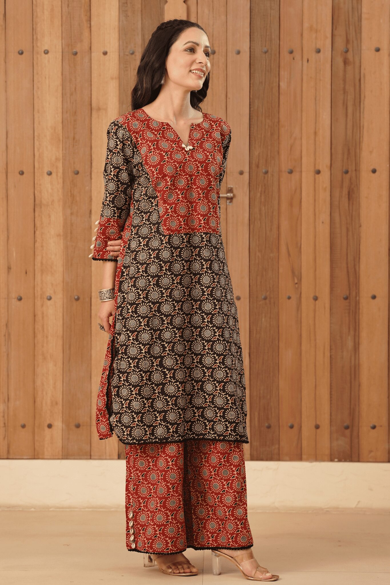 Maroon Ajrakh Palazzo with cowrie shells and lace detailing in cotton fabric