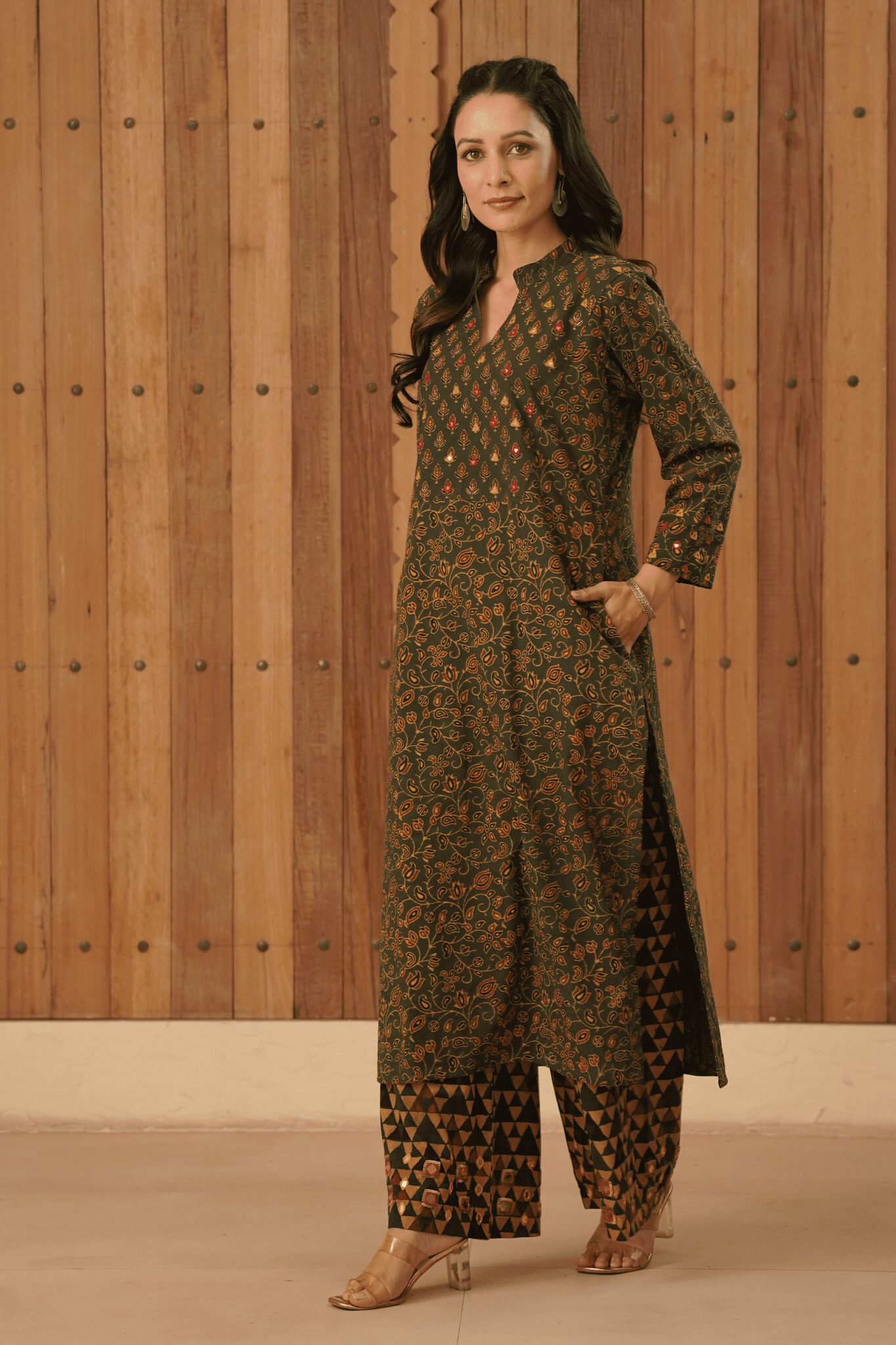 Green Ajrakh Palazzo with mirror & thread hand embroidery in cotton fabric