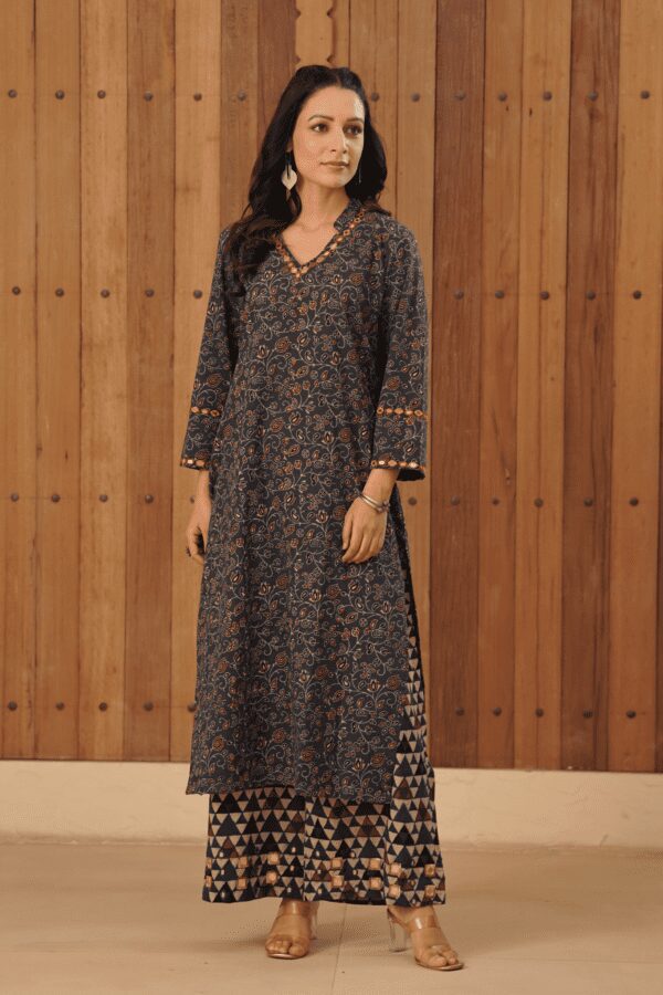Indigo Blue Ajrakh Palazzo with mirror & thread hand embroidery in cotton fabric