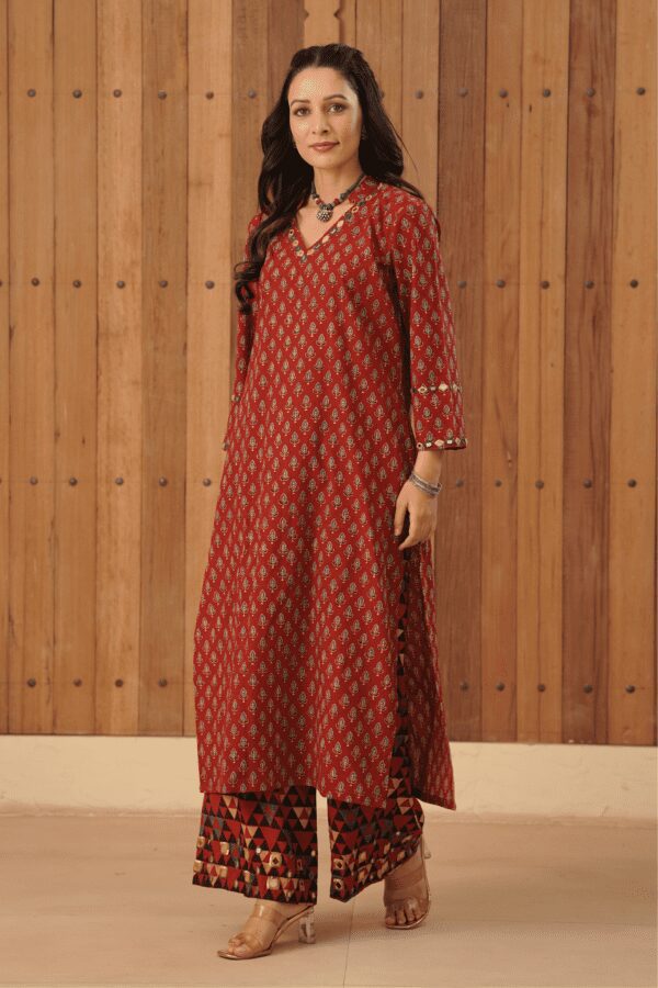 Maroon Ajrakh Palazzo with mirror & thread hand embroidery in Cotton Fabric