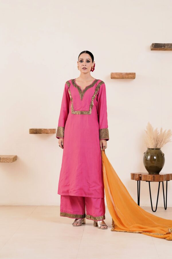 Hand embroidered Kosa Silk Straight Kurta with Side pockets and Palazzo with Golden- Yellow Organza Dupatta-Set of 3 - Image 6