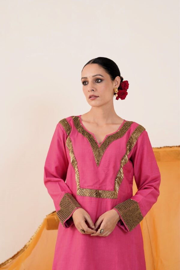 Hand embroidered Kosa Silk Straight Kurta with Side pockets and Palazzo with Golden- Yellow Organza Dupatta-Set of 3 - Image 7
