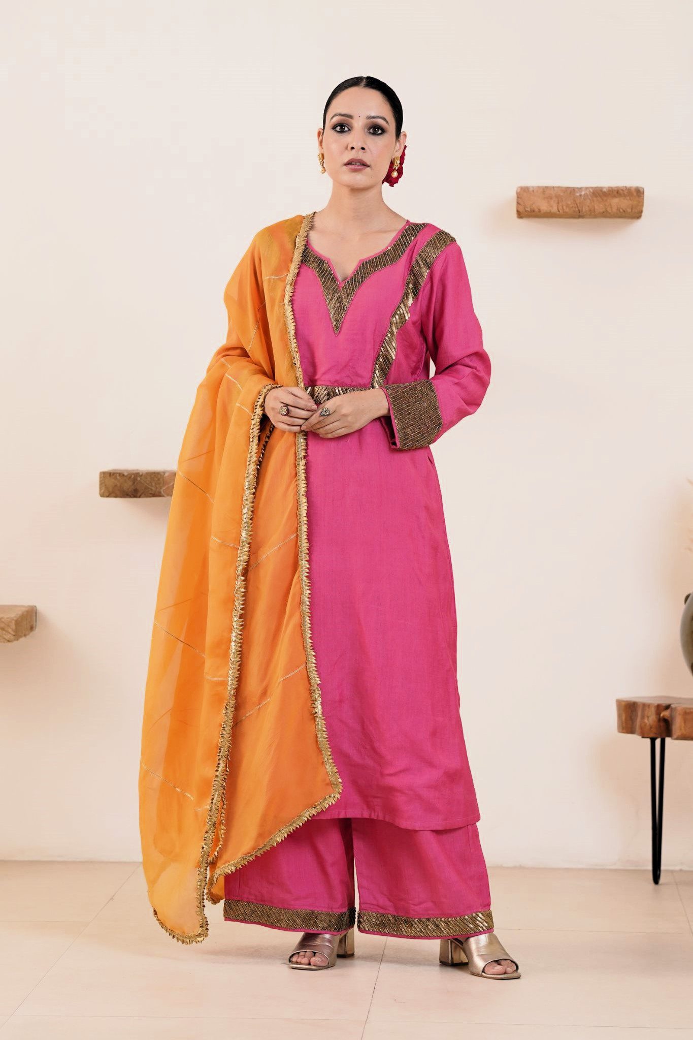 Hand embroidered Kosa Silk Straight Kurta with Side pockets and Palazzo with Golden- Yellow Organza Dupatta-Set of 3