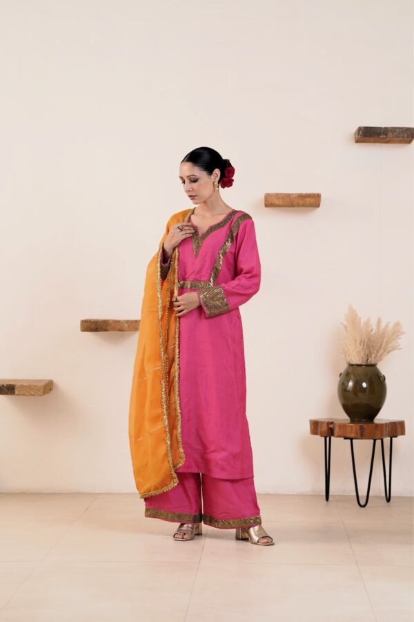 Hand embroidered Kosa Silk Straight Kurta with Side pockets and Palazzo with Golden- Yellow Organza Dupatta-Set of 3 - Image 2
