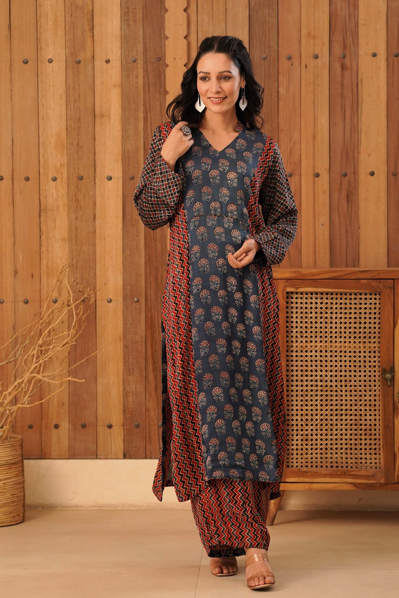 Ajrakh Straight Kurta with Palazzo in Modal Fabric