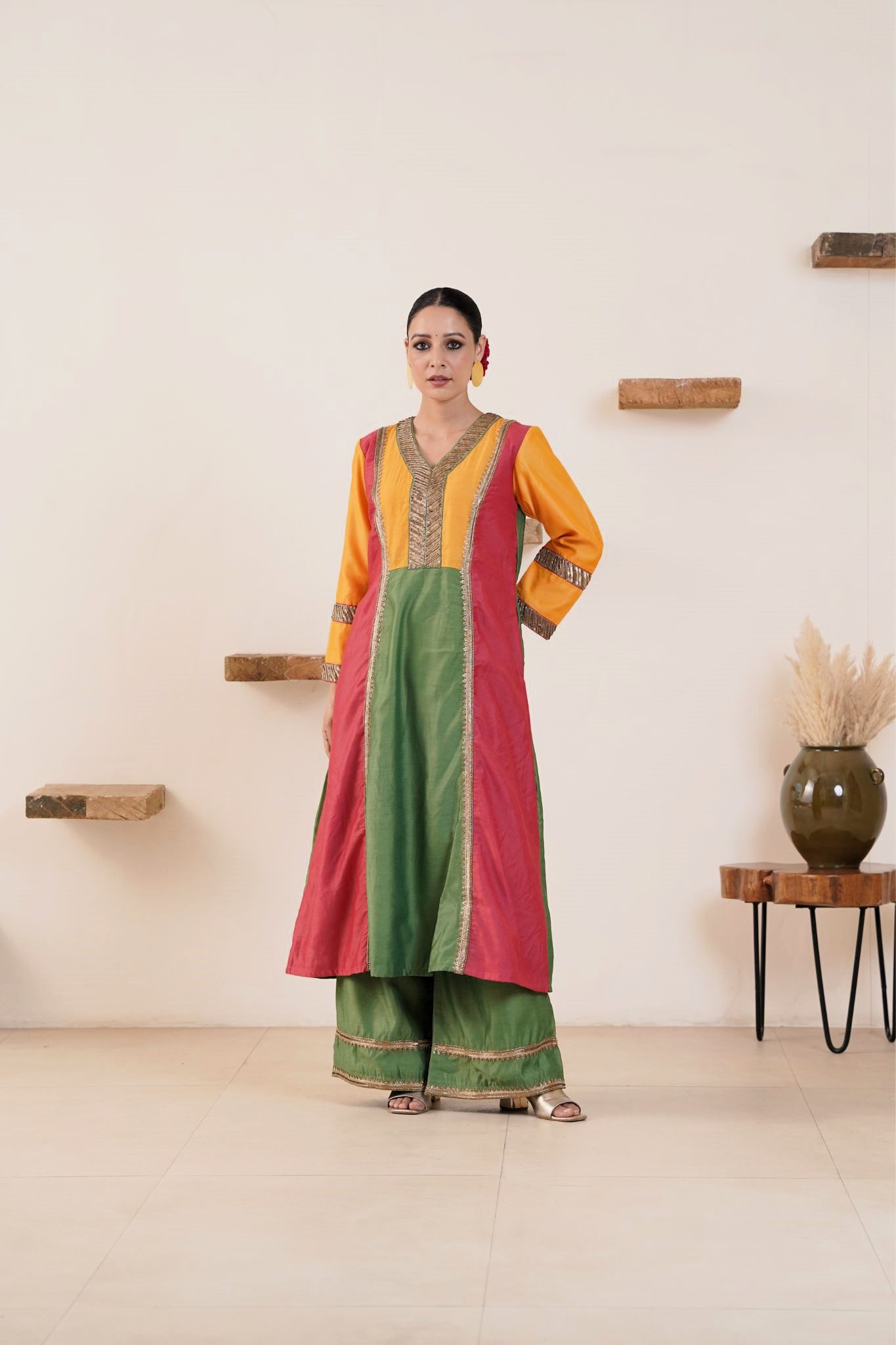 Hand Embroidered Viscose Chanderi A-Line Panel Kurta with Side pockets and Palazzo -Set of 2