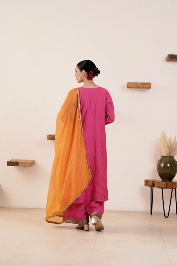 Hand embroidered Kosa Silk Straight Kurta with Side pockets and Palazzo with Golden- Yellow Organza Dupatta-Set of 3 - Image 3