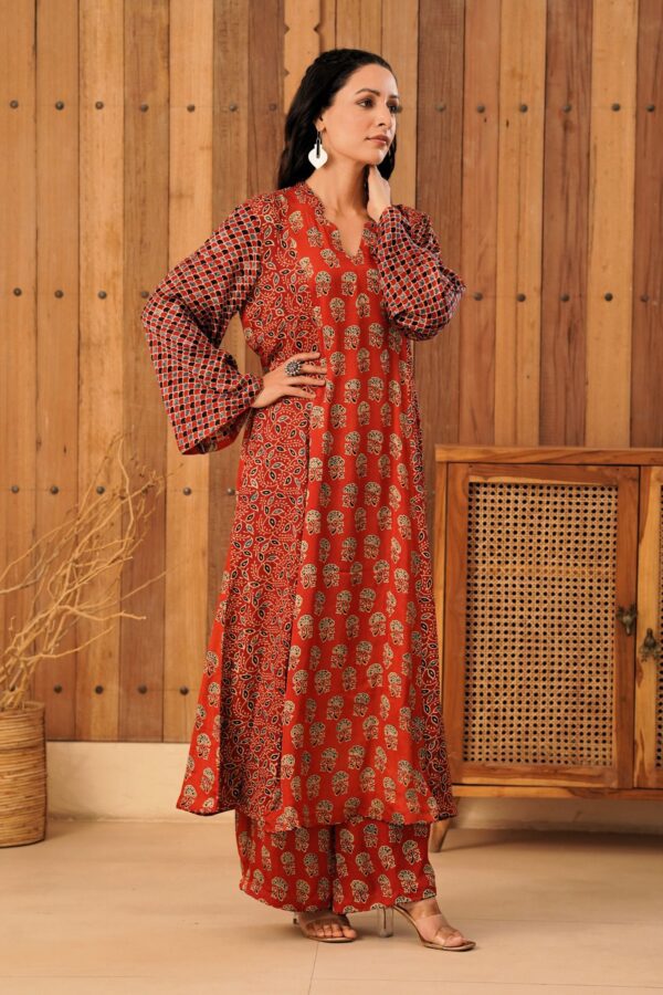 Ajrakh A-Line Kurta with Palazzo in Modal Fabric - Image 3