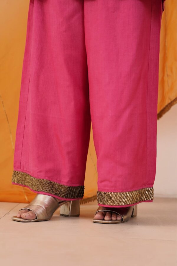 Hand embroidered Kosa Silk Straight Kurta with Side pockets and Palazzo with Golden- Yellow Organza Dupatta-Set of 3 - Image 4