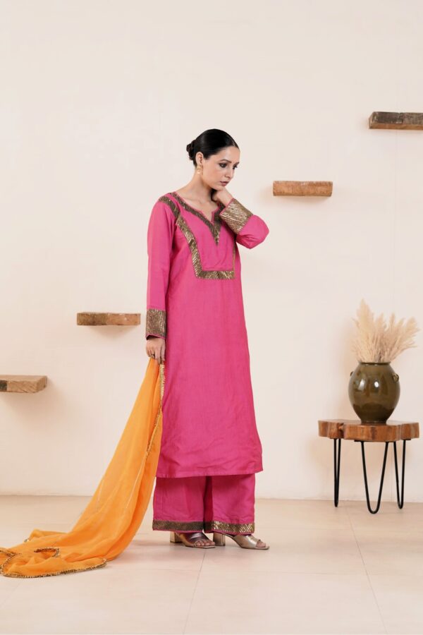 Hand embroidered Kosa Silk Straight Kurta with Side pockets and Palazzo with Golden- Yellow Organza Dupatta-Set of 3 - Image 5