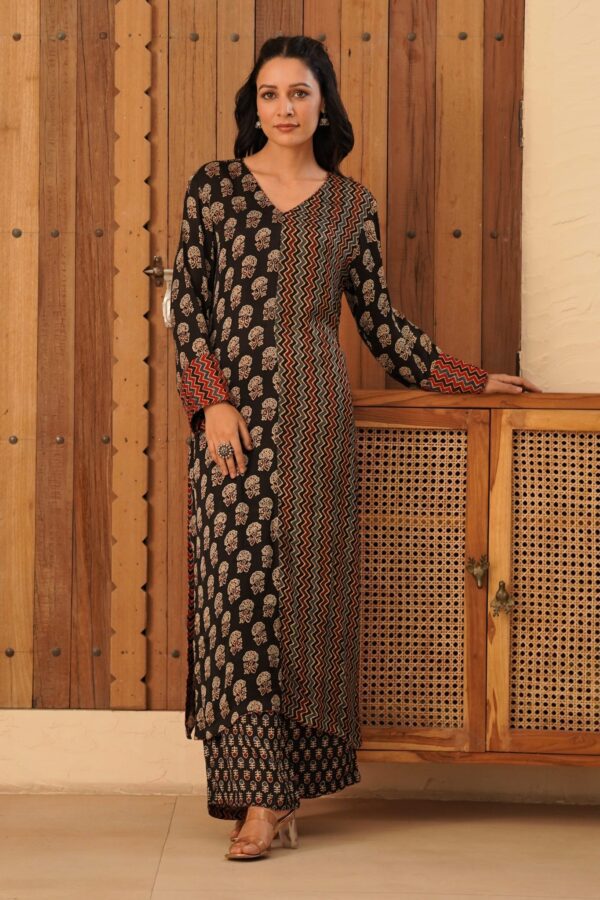 Ajrakh Straight Half-Half Kurta with Palazzo in Modal Fabric