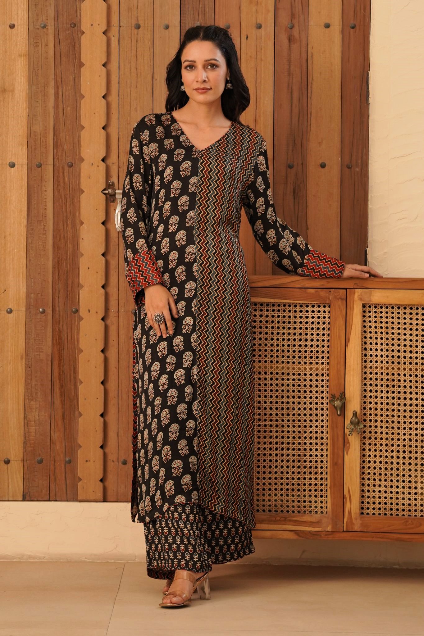 Ajrakh Straight Half-Half Kurta with Palazzo in Modal Fabric