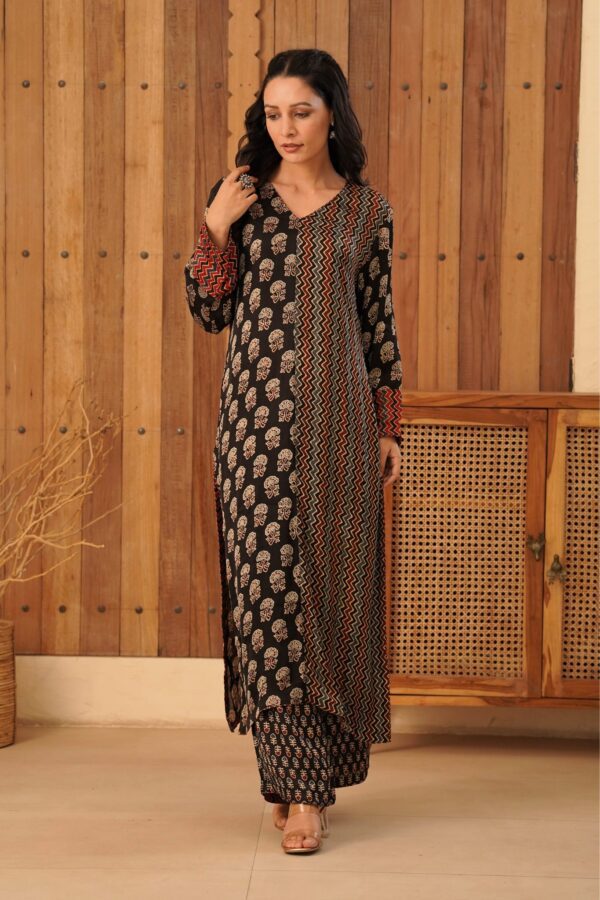 Ajrakh Straight Half-Half Kurta with Palazzo in Modal Fabric - Image 4