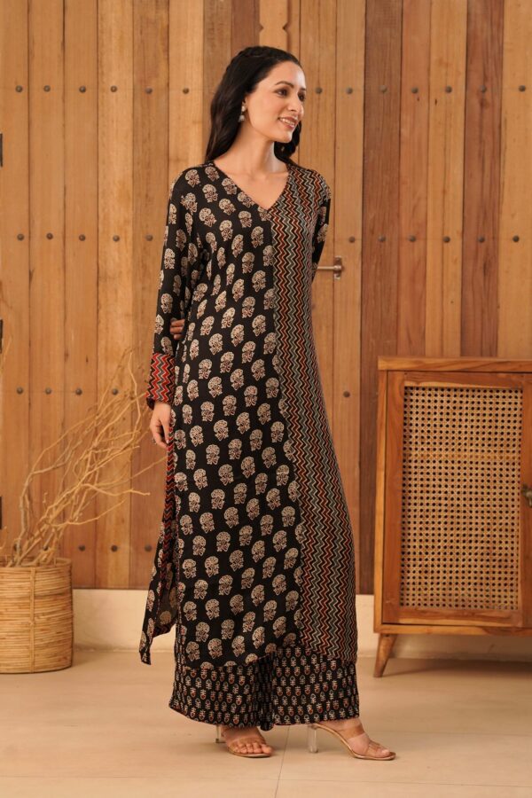Ajrakh Straight Half-Half Kurta with Palazzo in Modal Fabric - Image 5
