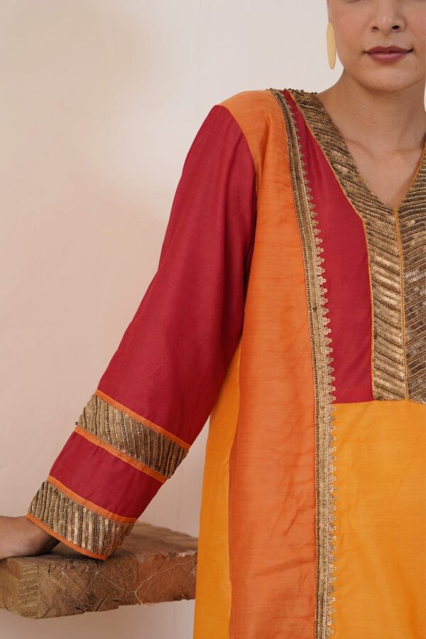 Hand Embroidered Viscose Chanderi A-Line Panel Kurta with Side pockets and Palazzo -Set of 2 - Image 4