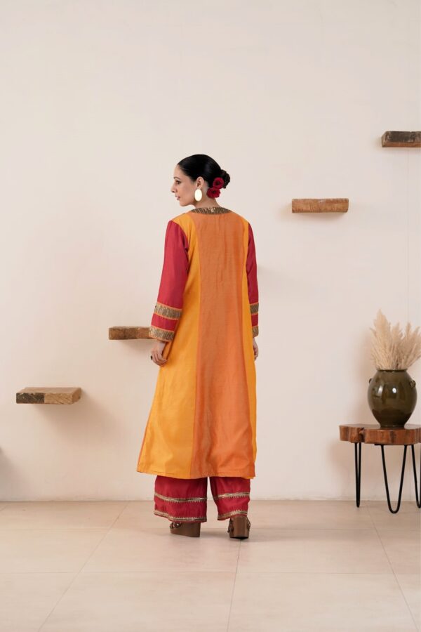 Hand Embroidered Viscose Chanderi A-Line Panel Kurta with Side pockets and Palazzo -Set of 2 - Image 3