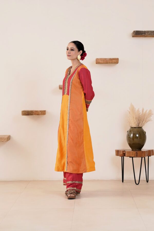 Hand Embroidered Viscose Chanderi A-Line Panel Kurta with Side pockets and Palazzo -Set of 2 - Image 2