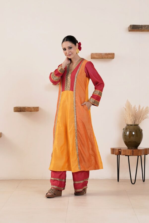 Hand Embroidered Viscose Chanderi A-Line Panel Kurta with Side pockets and Palazzo -Set of 2 - Image 9