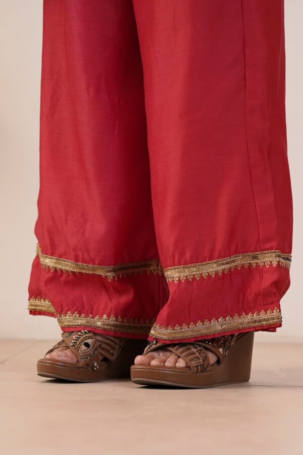 Hand Embroidered Viscose Chanderi A-Line Panel Kurta with Side pockets and Palazzo -Set of 2 - Image 8