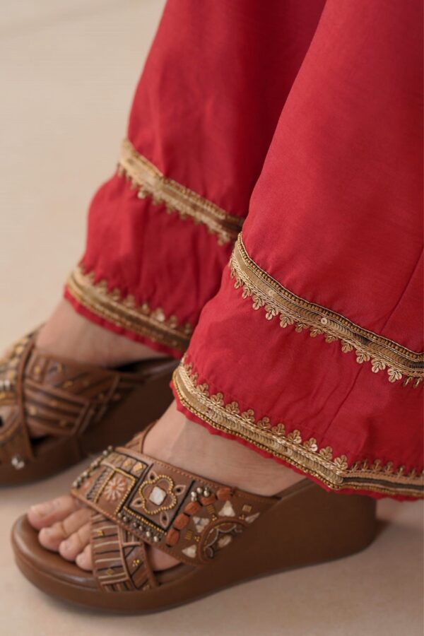 Hand Embroidered Viscose Chanderi A-Line Panel Kurta with Side pockets and Palazzo -Set of 2 - Image 7