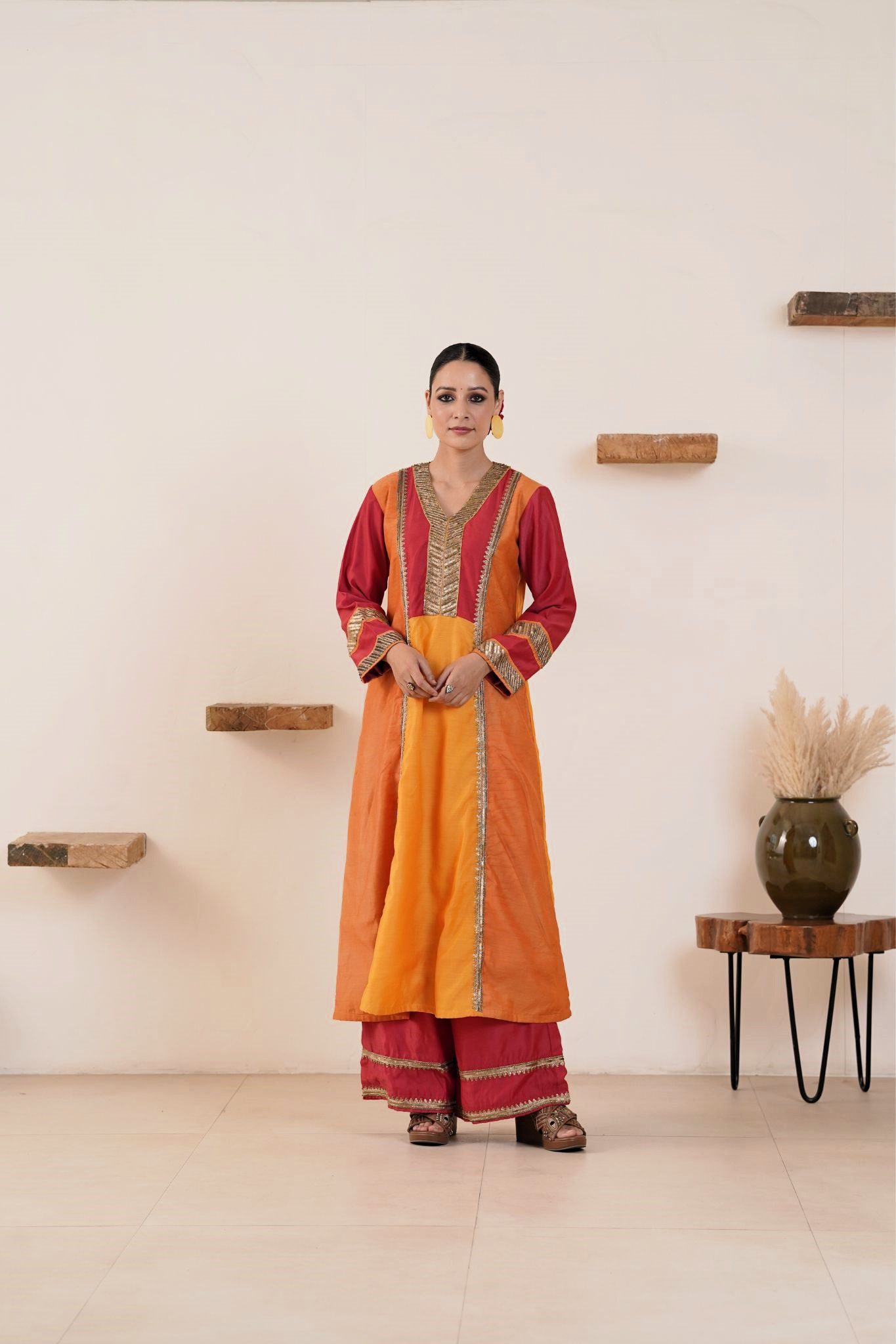 Hand Embroidered Viscose Chanderi A-Line Panel Kurta with Side pockets and Palazzo -Set of 2