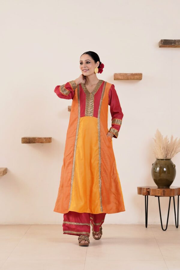 Hand Embroidered Viscose Chanderi A-Line Panel Kurta with Side pockets and Palazzo -Set of 2 - Image 6