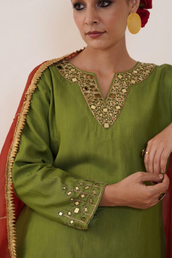 Hand embroidered Kosa Silk Straight Kurta with Side pockets and Palazzo with Rust Organza Duaptta-Set of 3 - Image 6