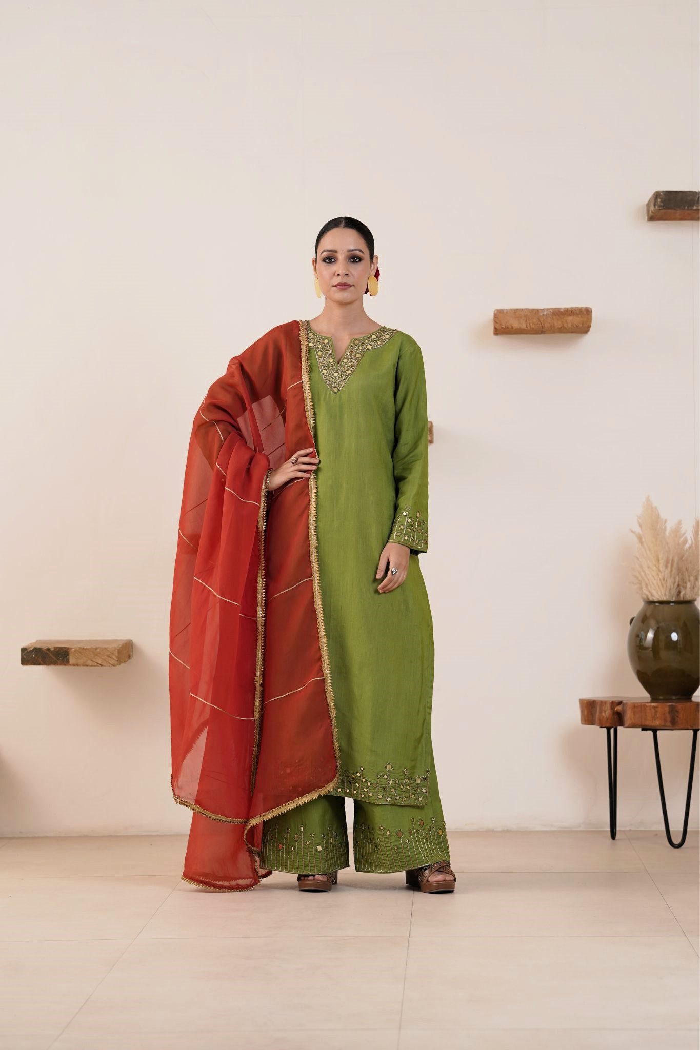 Hand embroidered Kosa Silk Straight Kurta with Side pockets and Palazzo with Rust Organza Duaptta-Set of 3