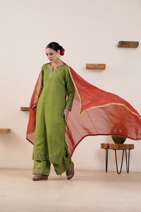 Hand embroidered Kosa Silk Straight Kurta with Side pockets and Palazzo with Rust Organza Duaptta-Set of 3 - Image 9