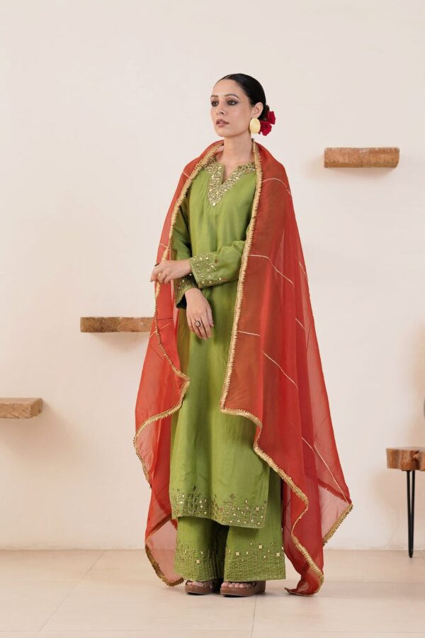Hand embroidered Kosa Silk Straight Kurta with Side pockets and Palazzo with Rust Organza Duaptta-Set of 3 - Image 11