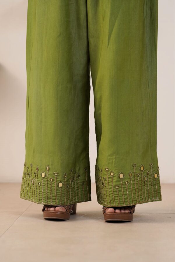Hand embroidered Kosa Silk Straight Kurta with Side pockets and Palazzo with Rust Organza Duaptta-Set of 3 - Image 2