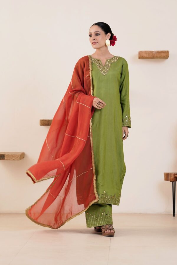 Hand embroidered Kosa Silk Straight Kurta with Side pockets and Palazzo with Rust Organza Duaptta-Set of 3 - Image 8