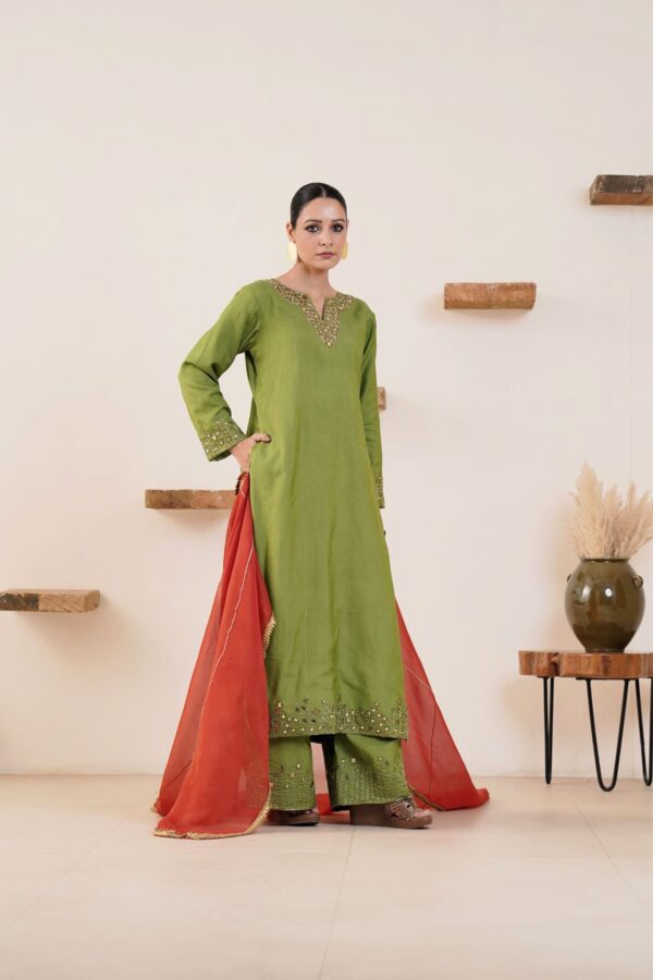 Hand embroidered Kosa Silk Straight Kurta with Side pockets and Palazzo with Rust Organza Duaptta-Set of 3 - Image 3