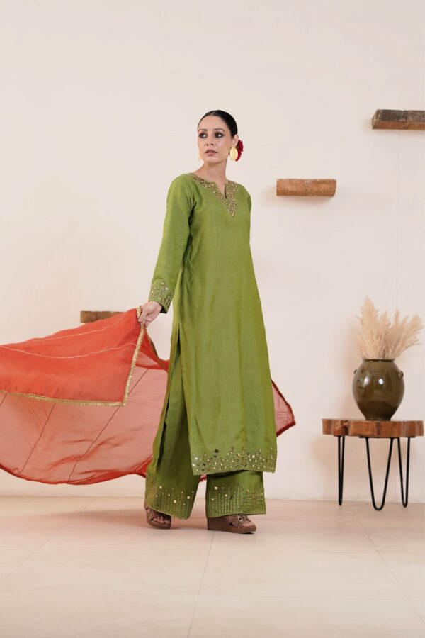Hand embroidered Kosa Silk Straight Kurta with Side pockets and Palazzo with Rust Organza Duaptta-Set of 3 - Image 4