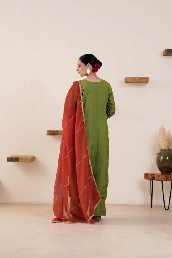 Hand embroidered Kosa Silk Straight Kurta with Side pockets and Palazzo with Rust Organza Duaptta-Set of 3 - Image 5