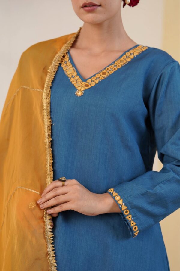 Hand embroidered Kosa Silk A-Line Kurta with Side pockets and Palazzo with Golden yellow Organza Dupatta -Set of 3 - Image 2