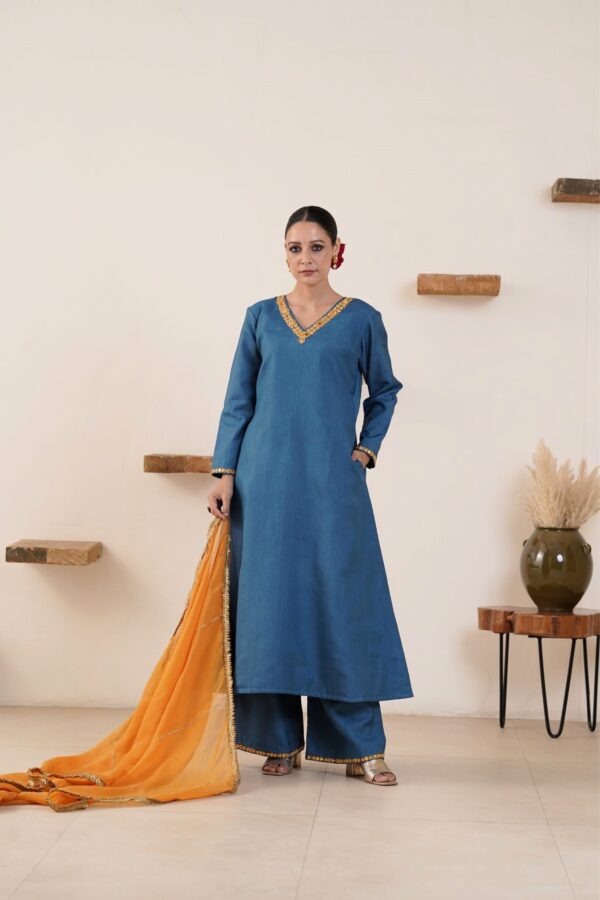 Hand embroidered Kosa Silk A-Line Kurta with Side pockets and Palazzo with Golden yellow Organza Dupatta -Set of 3 - Image 3