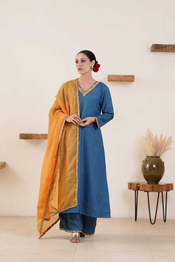 Hand embroidered Kosa Silk A-Line Kurta with Side pockets and Palazzo with Golden yellow Organza Dupatta -Set of 3 - Image 4