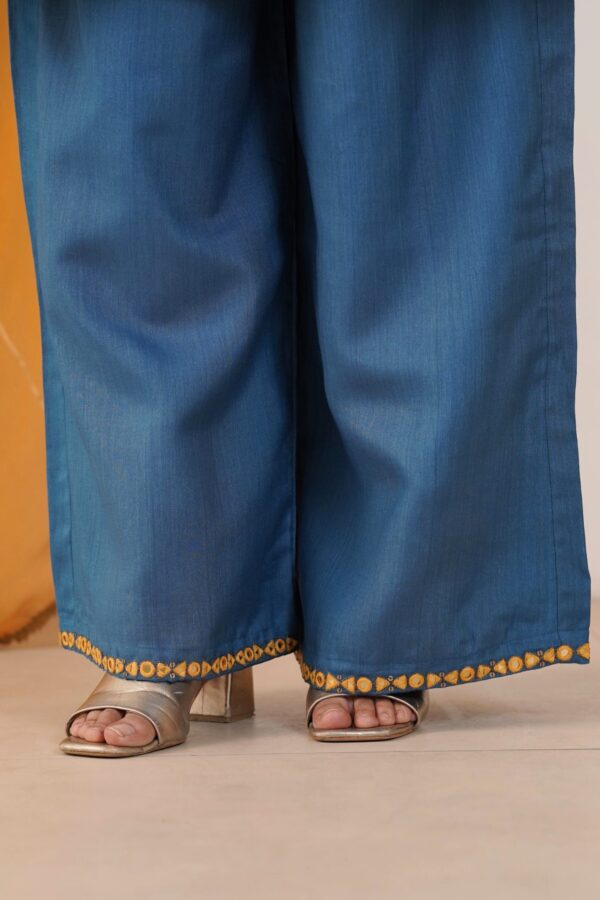 Hand embroidered Kosa Silk A-Line Kurta with Side pockets and Palazzo with Golden yellow Organza Dupatta -Set of 3 - Image 5