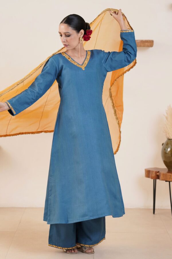 Hand embroidered Kosa Silk A-Line Kurta with Side pockets and Palazzo with Golden yellow Organza Dupatta -Set of 3 - Image 6