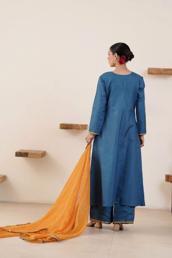 Hand embroidered Kosa Silk A-Line Kurta with Side pockets and Palazzo with Golden yellow Organza Dupatta -Set of 3 - Image 7