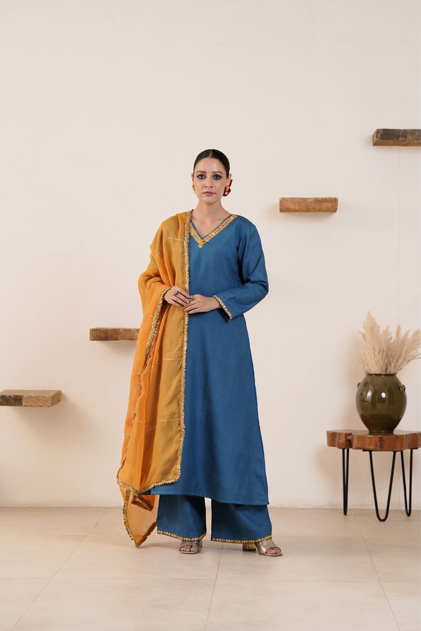 Hand embroidered Kosa Silk A-Line Kurta with Side pockets and Palazzo with Golden yellow Organza Dupatta -Set of 3
