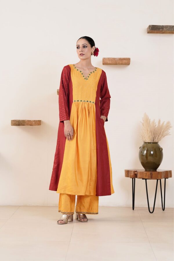 Hand embroidered Tussar Silk- Cotton A-Line Kurta with Side pockets and Palazzo -Set of 2