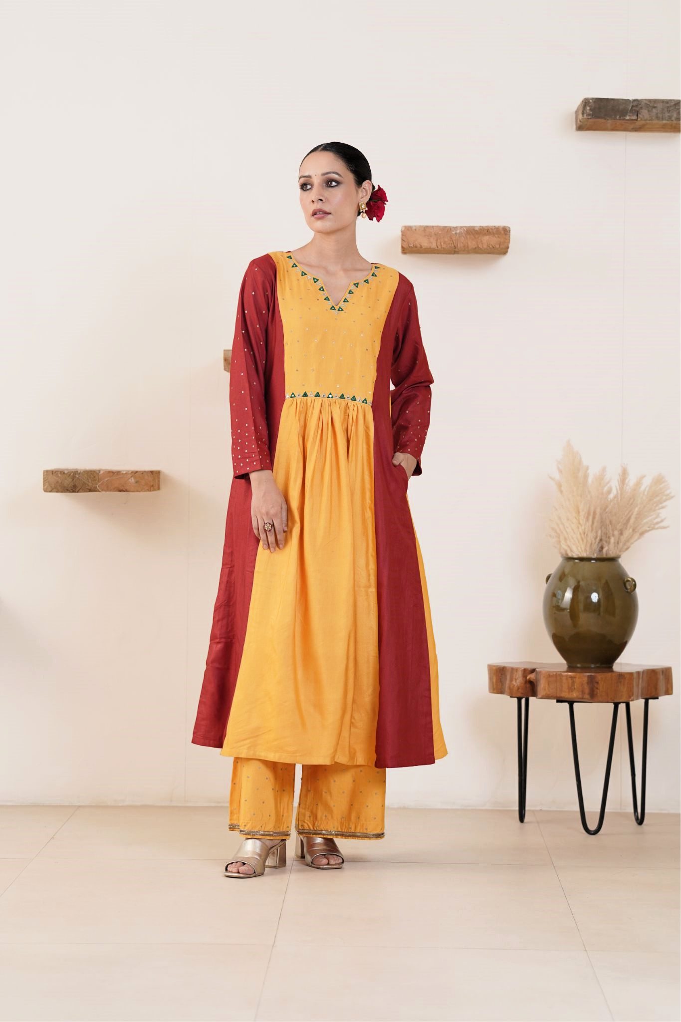 Hand embroidered Tussar Silk- Cotton A-Line Kurta with Side pockets and Palazzo -Set of 2