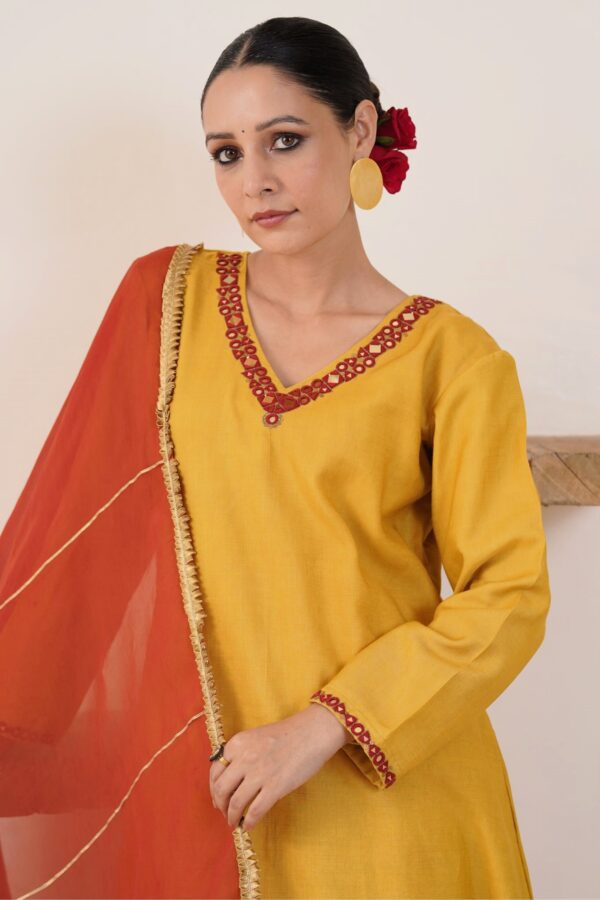 Hand embroidered Kosa Silk A-Line Kurta with Side pockets and Palazzo with Rust Organza Dupatta-Set of 3 - Image 7