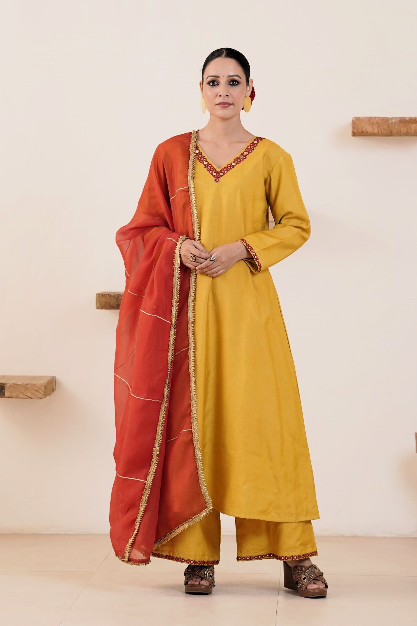 Hand embroidered Kosa Silk A-Line Kurta with Side pockets and Palazzo with Rust Organza Dupatta-Set of 3