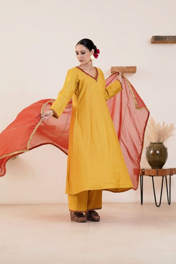 Hand embroidered Kosa Silk A-Line Kurta with Side pockets and Palazzo with Rust Organza Dupatta-Set of 3 - Image 9