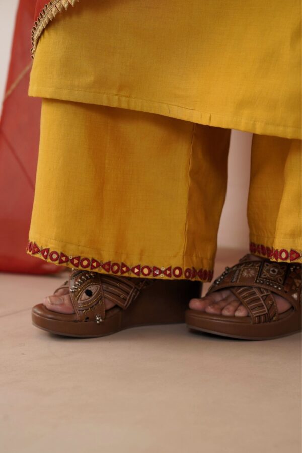 Hand embroidered Kosa Silk A-Line Kurta with Side pockets and Palazzo with Rust Organza Dupatta-Set of 3 - Image 2