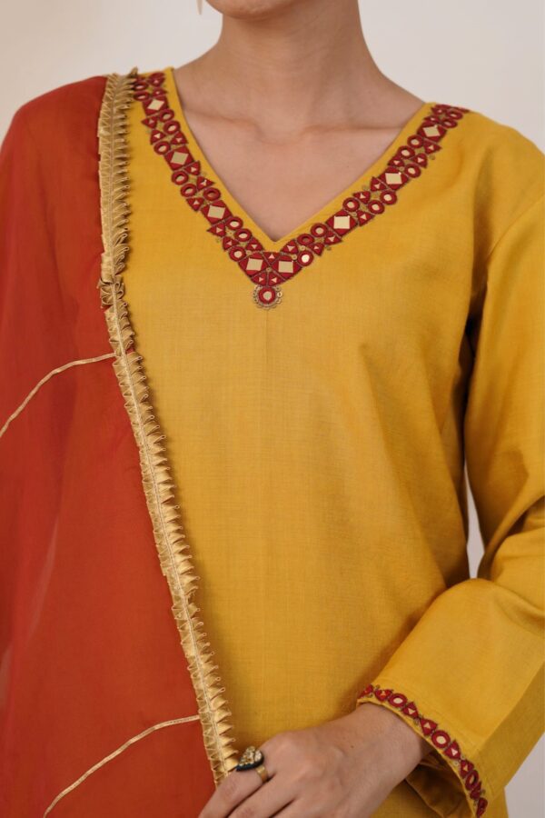 Hand embroidered Kosa Silk A-Line Kurta with Side pockets and Palazzo with Rust Organza Dupatta-Set of 3 - Image 6