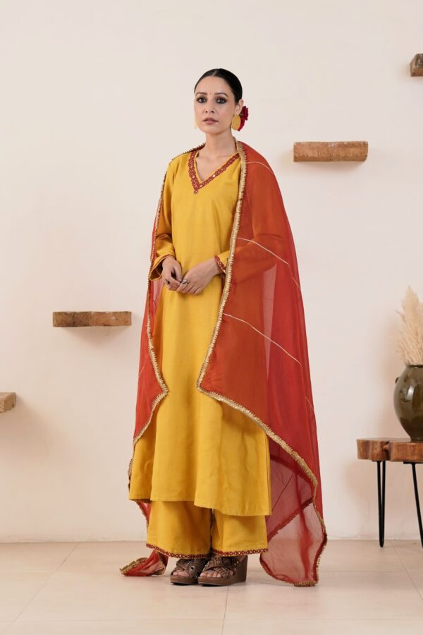 Hand embroidered Kosa Silk A-Line Kurta with Side pockets and Palazzo with Rust Organza Dupatta-Set of 3 - Image 3